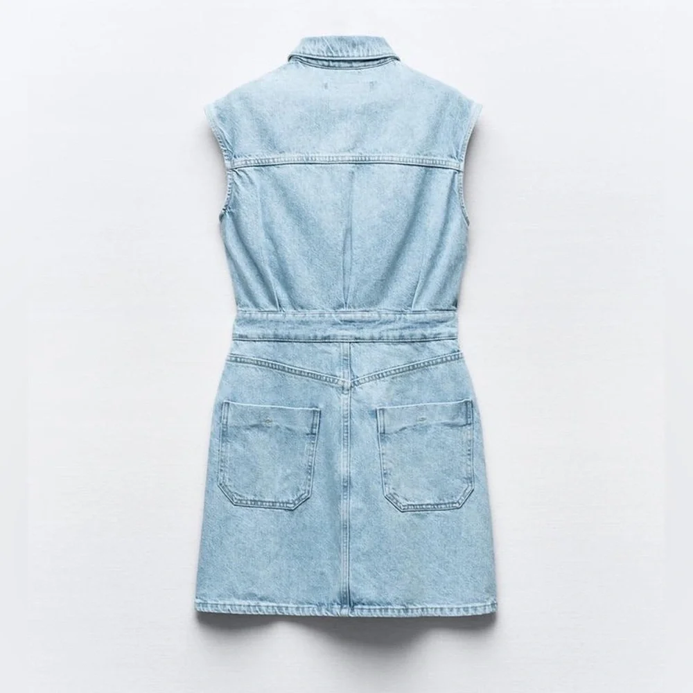 NWT ZARA SLEEVELESS  DENIM MINI DRESS - Mid-blue SZ L - Picture 4 of 5